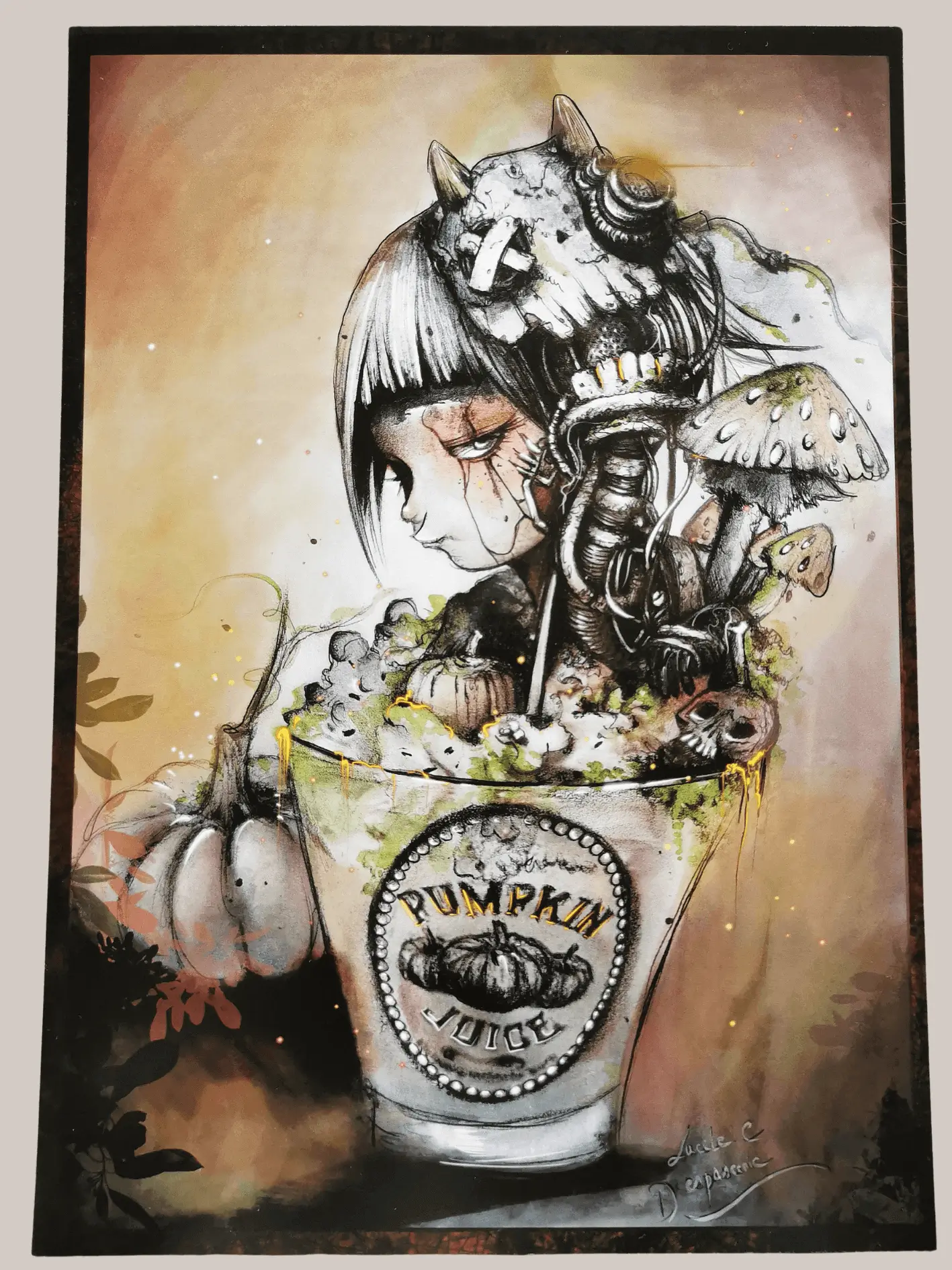 L'Élixir d'Automne - Illustration dark pop de jeune fille, crâne et jus de citrouille - Print Lucile Espascenic Tattoo