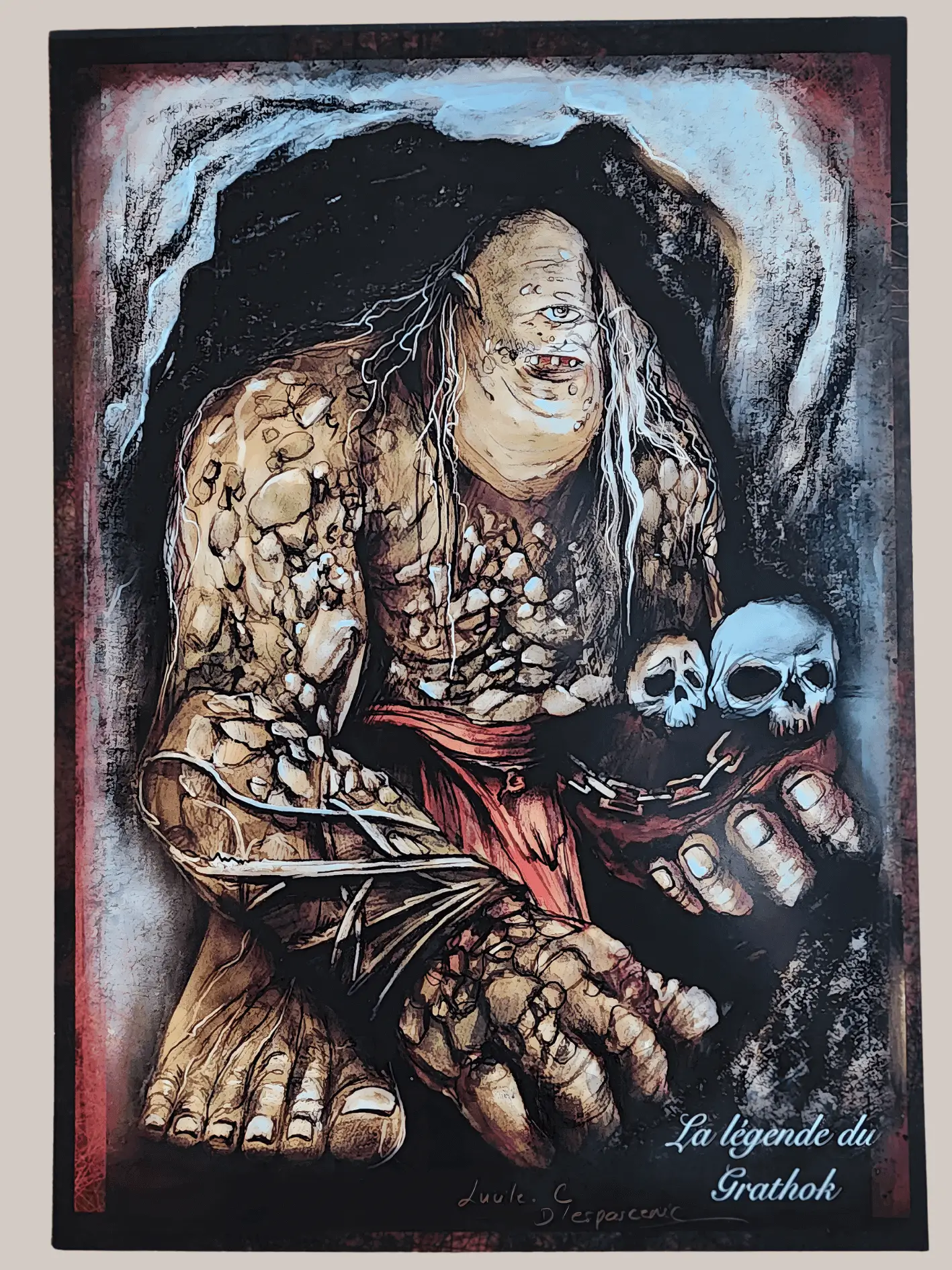 La Légende du Grathok - Illustration de troll/ogre, dark fantasy, crânes - Print Lucile Espascenic Tattoo
