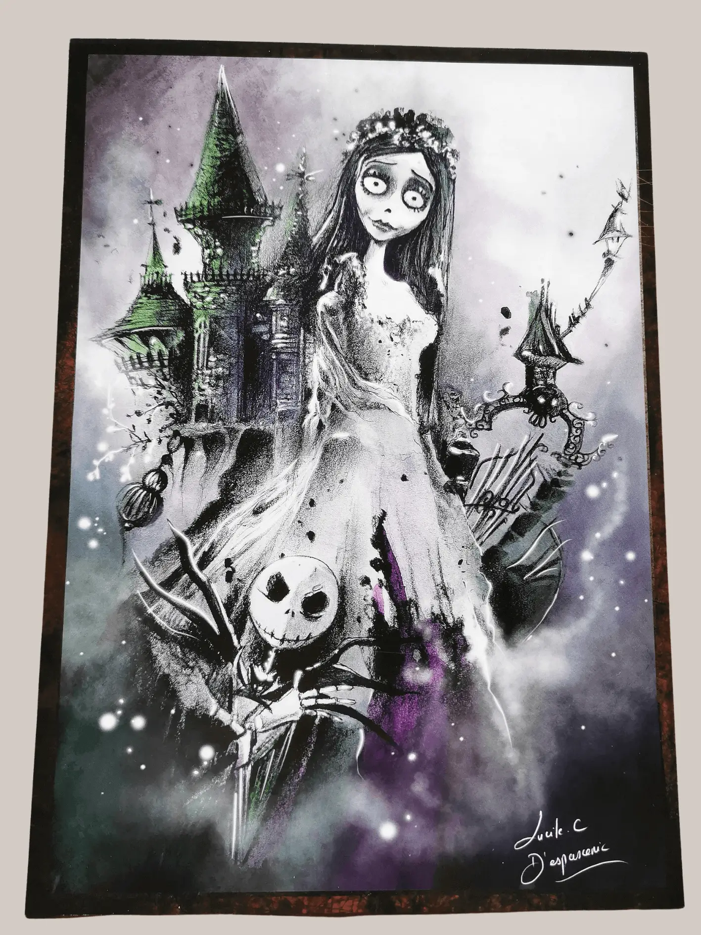 Noces Fantomatiques - Illustration inspirée de Tim Burton, Mariée Cadavre, Jack Skellington - Print Lucile Espascenic Tattoo